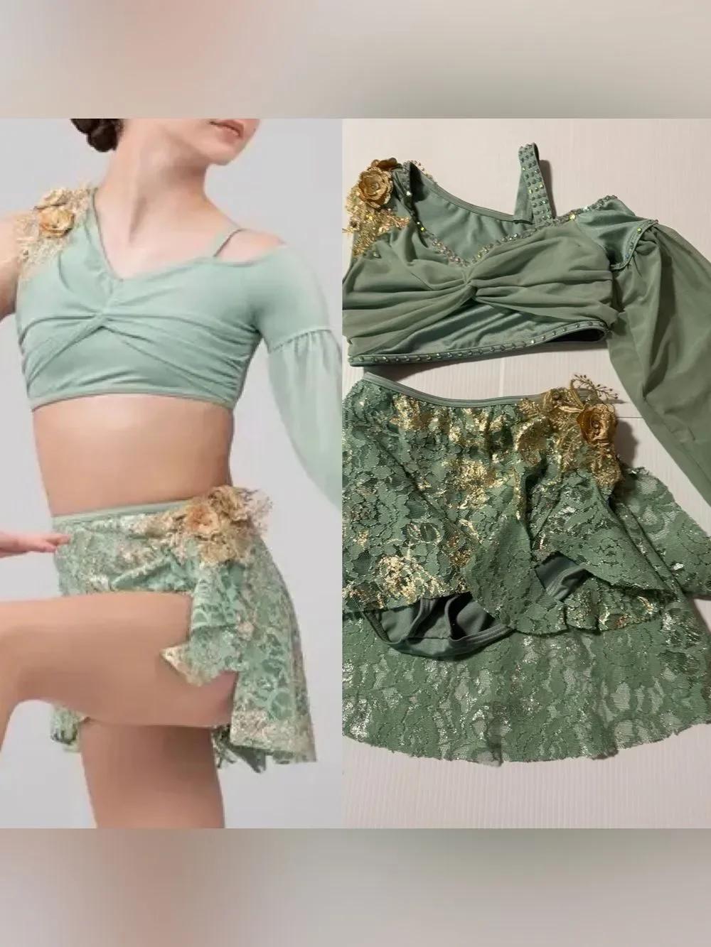 Weissman Elite dance costume 2 piece August 15286 sage green MC-Medium child